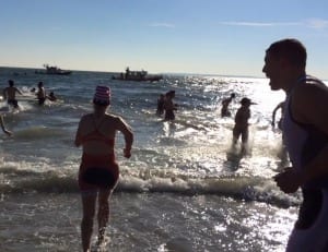 Amy Runs straight  into the 40 degree North Atlantic Ocean on New Year's Day at the Coney Island Polar Bear Plunge 
