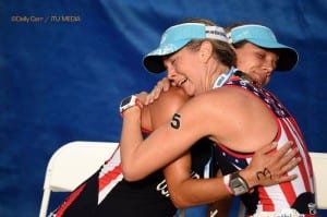 Lauren and I embrace at the finish after a very emotional tough race